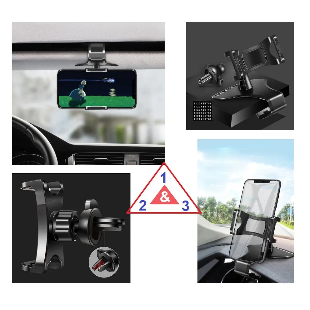 3 in 1 Car GPS Smartphone Holder: Dashboard / Visor Clamp   AC Grid Clip for SHARP ANDROID ONE S5 (2018) - Black