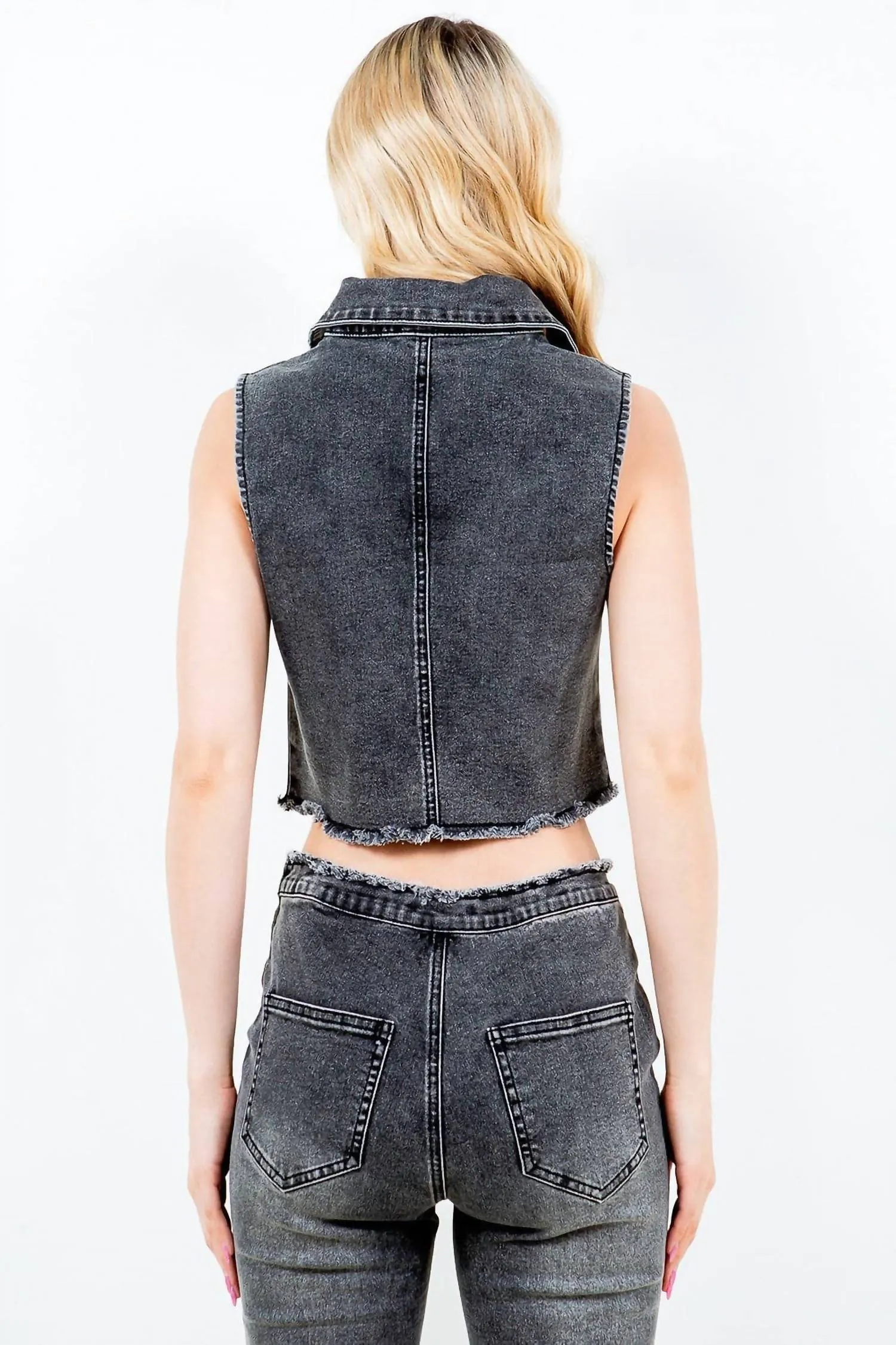 American Bazi - Trendy Cropped Denim Vest With Raw Hem