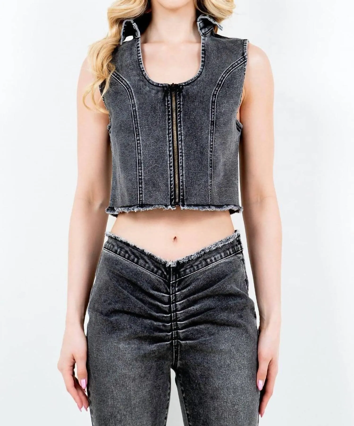 American Bazi - Trendy Cropped Denim Vest With Raw Hem