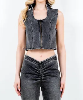 American Bazi - Trendy Cropped Denim Vest With Raw Hem