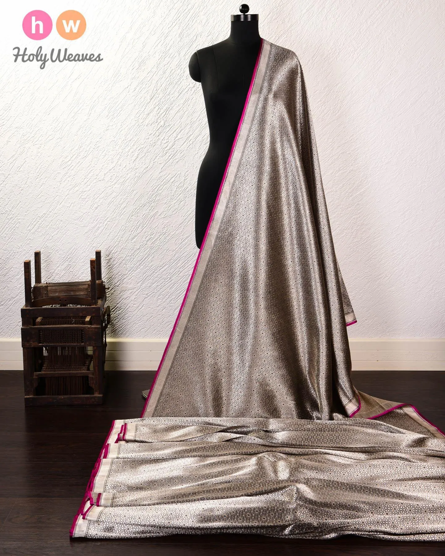 Black Banarasi Alfi Sona-Rupa Mosaic Brocade Handwoven Katan Silk Fabric