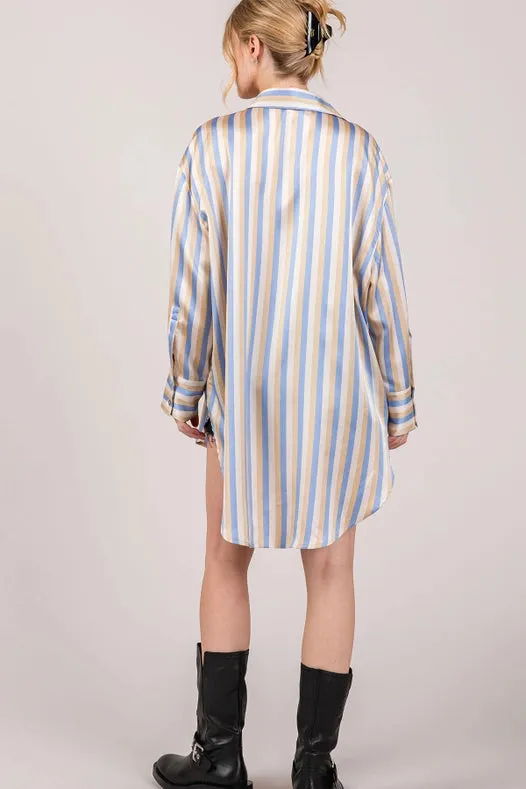 Button Down Stripe Satin Effect Dressy Shirts L.Blue Multi
