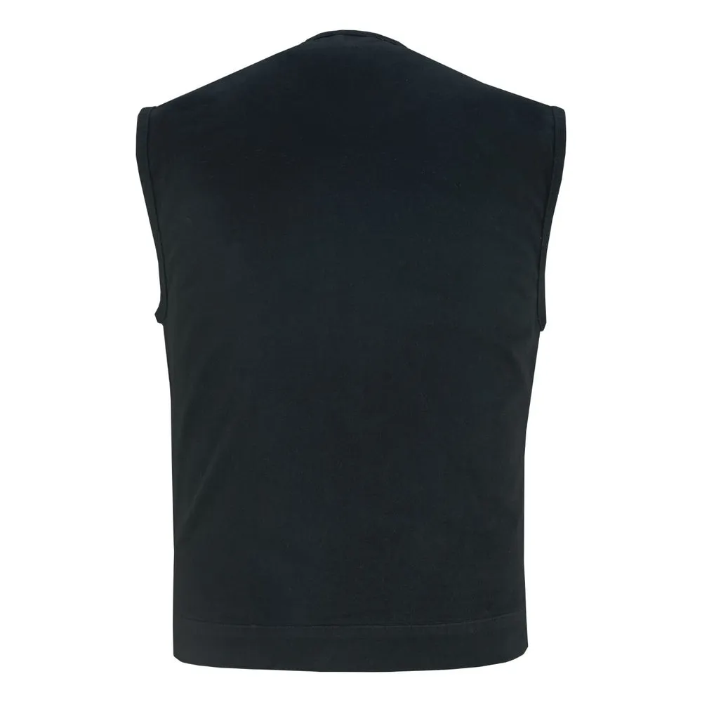 DM Mens Black Denim Motorcycle Vest with Concealed Snaps & Zipper