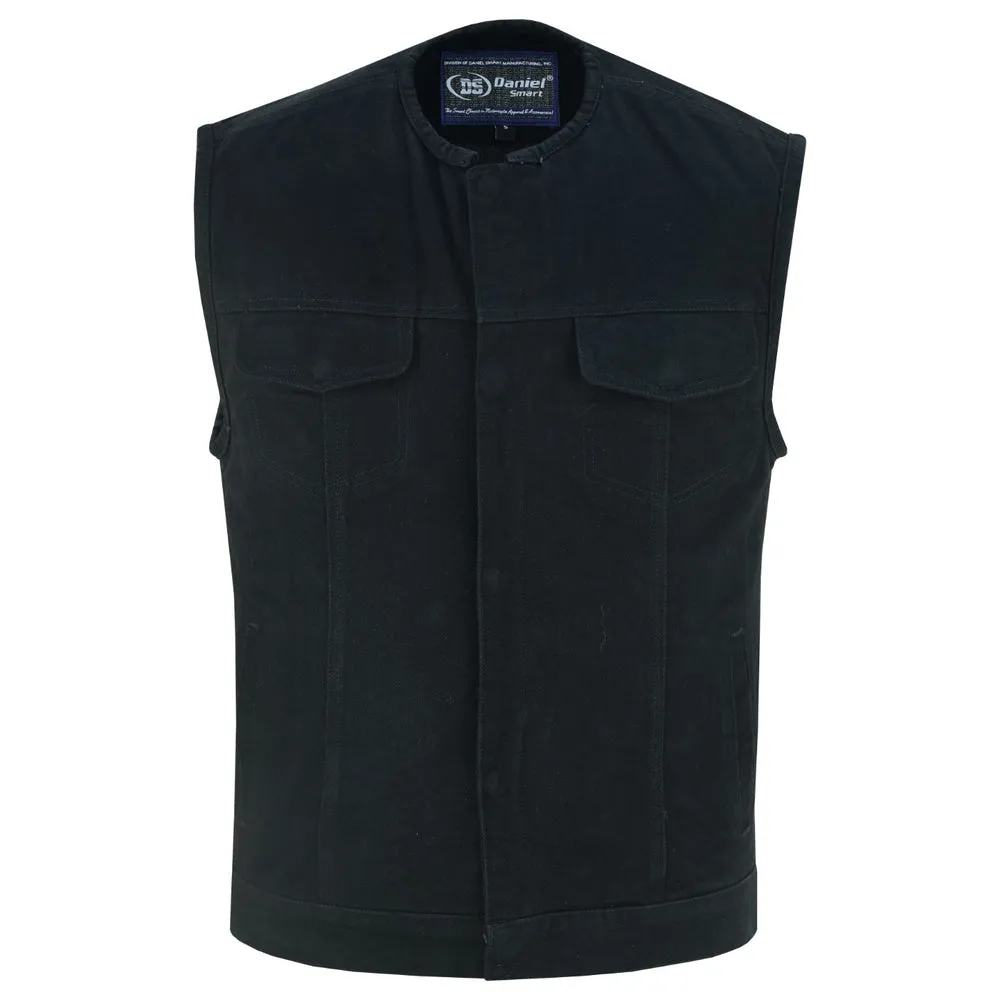 DM Mens Black Denim Motorcycle Vest with Concealed Snaps & Zipper