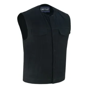 DM Mens Black Denim Motorcycle Vest with Concealed Snaps & Zipper