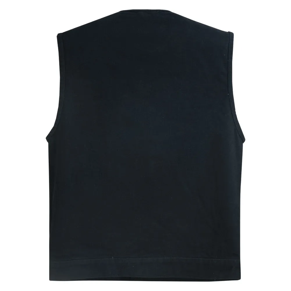 DM Mens Black Denim Motorcycle Vest with Concealed Snaps & Zipper
