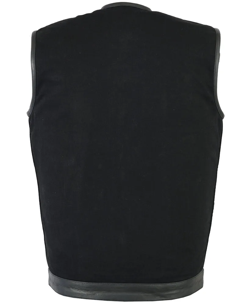 DM Men's Black Denim Single Panel Concealment Vest W/Leather Trim-
