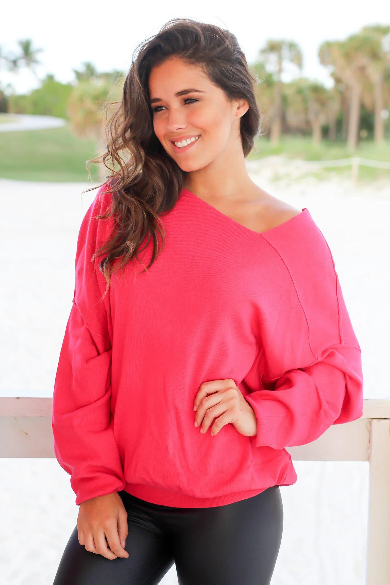 Raspberry Sweater with Asymmetrical Hem