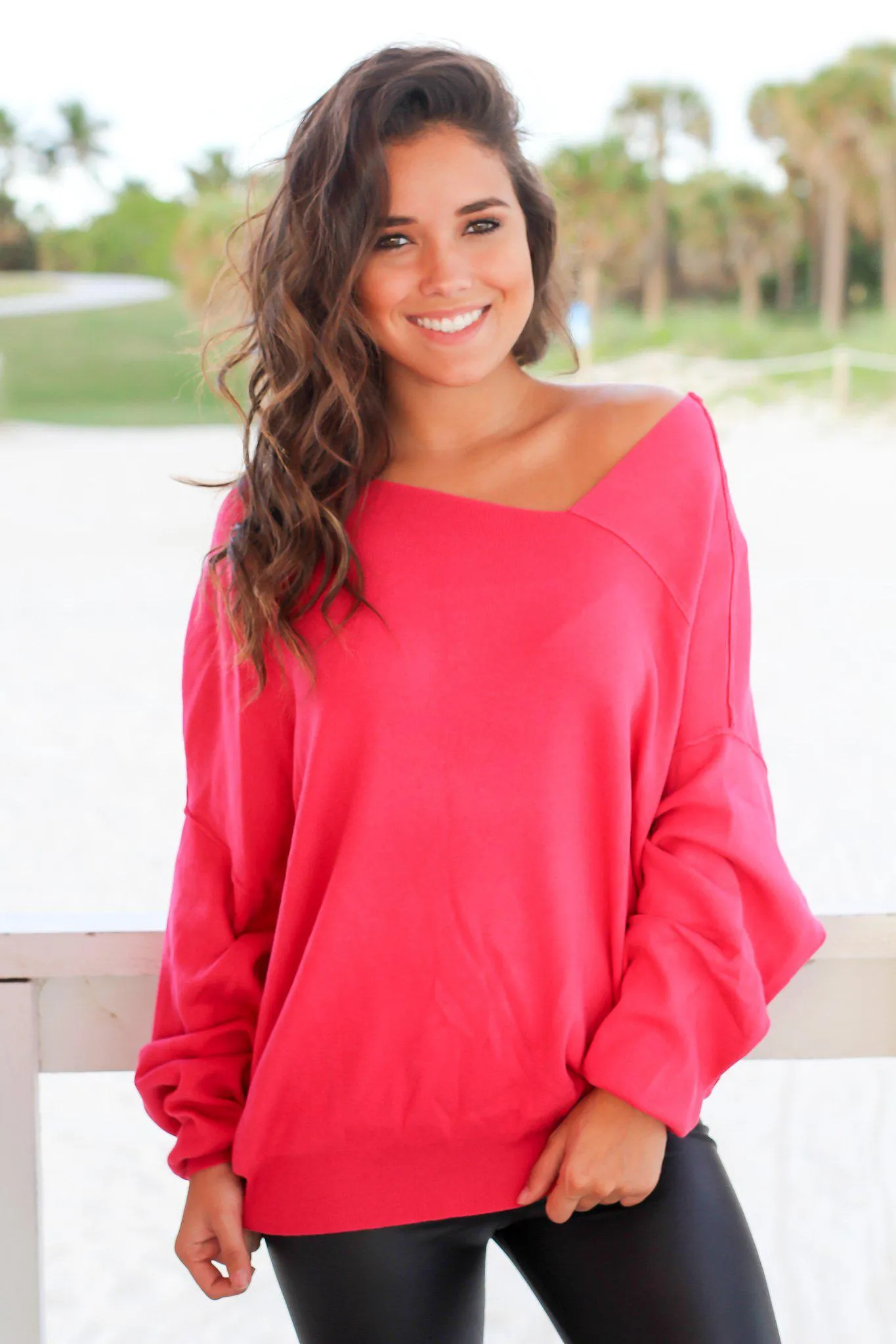 Raspberry Sweater with Asymmetrical Hem