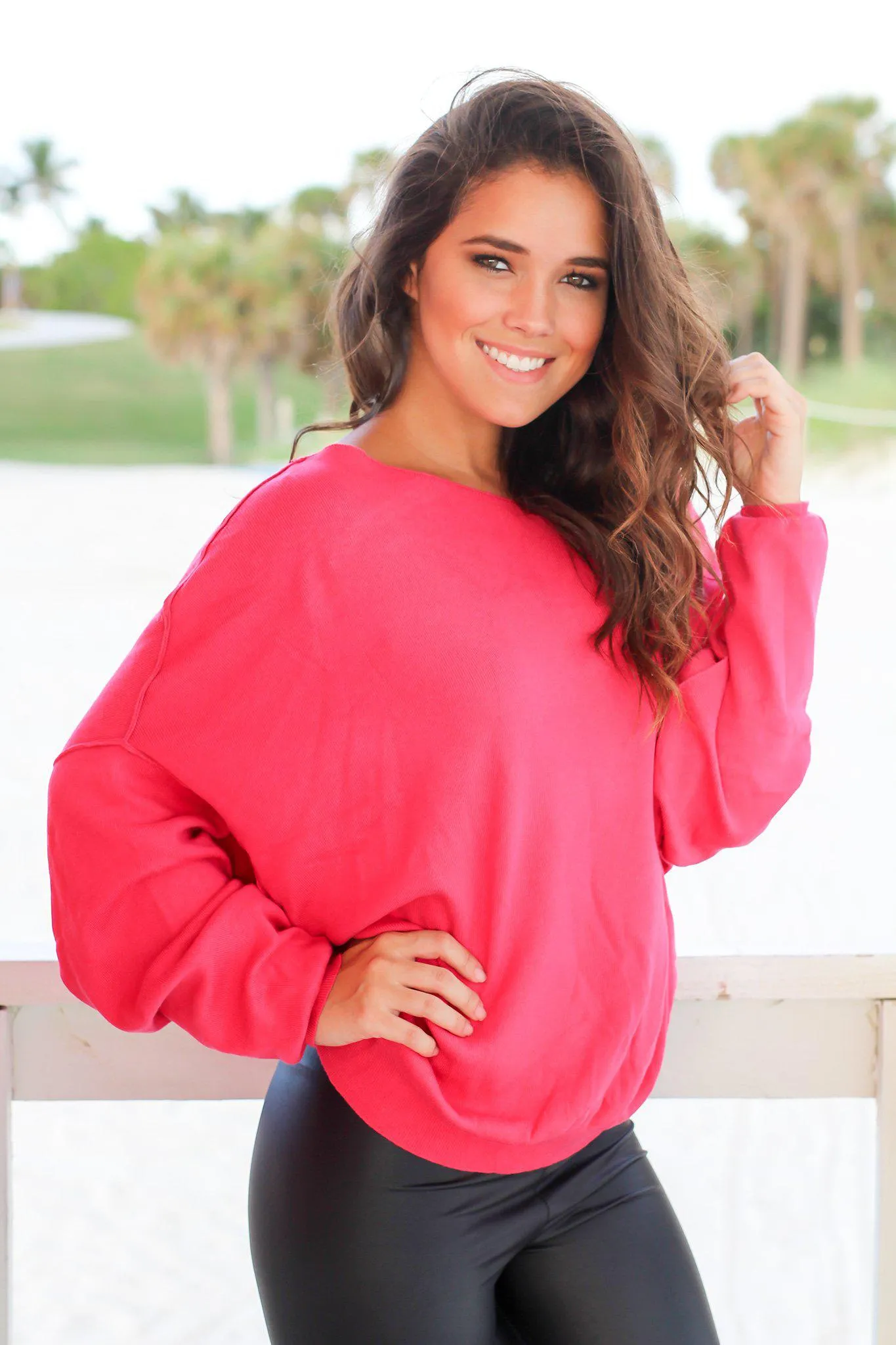Raspberry Sweater with Asymmetrical Hem