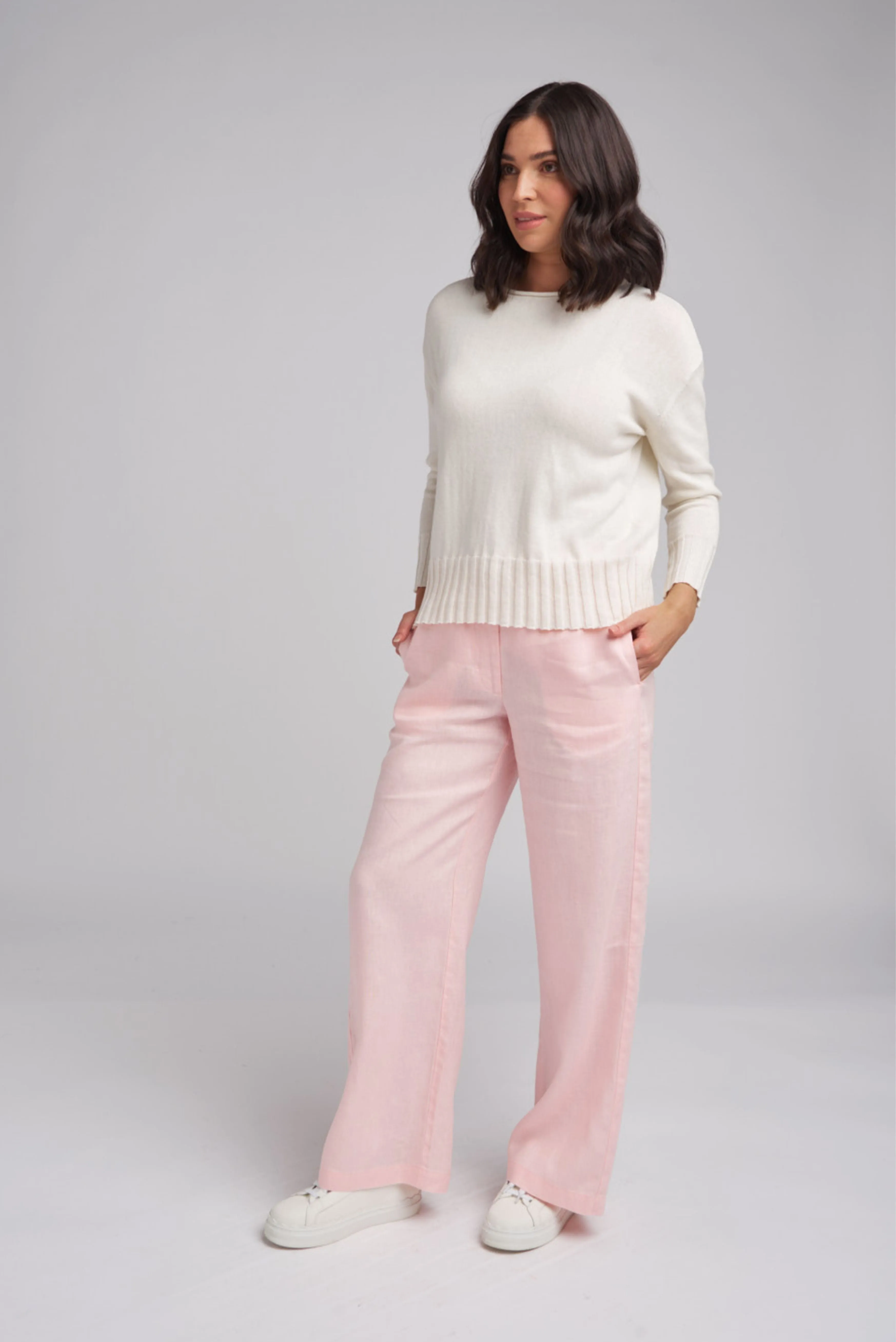 Straight Leg Flat Front Pale Pink Linen Pants