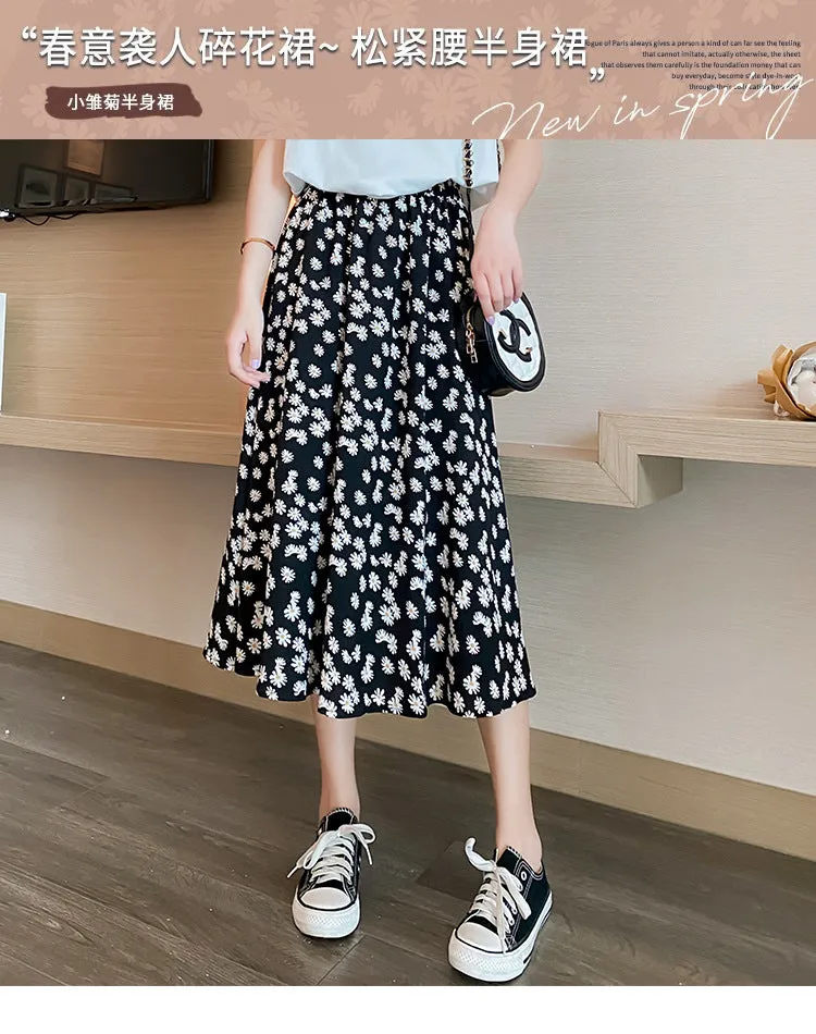 Summer Daisy Skirt Women High Waist Chiffon Thin Floral Mid-Length A-Line Ankle-Length Skirt
