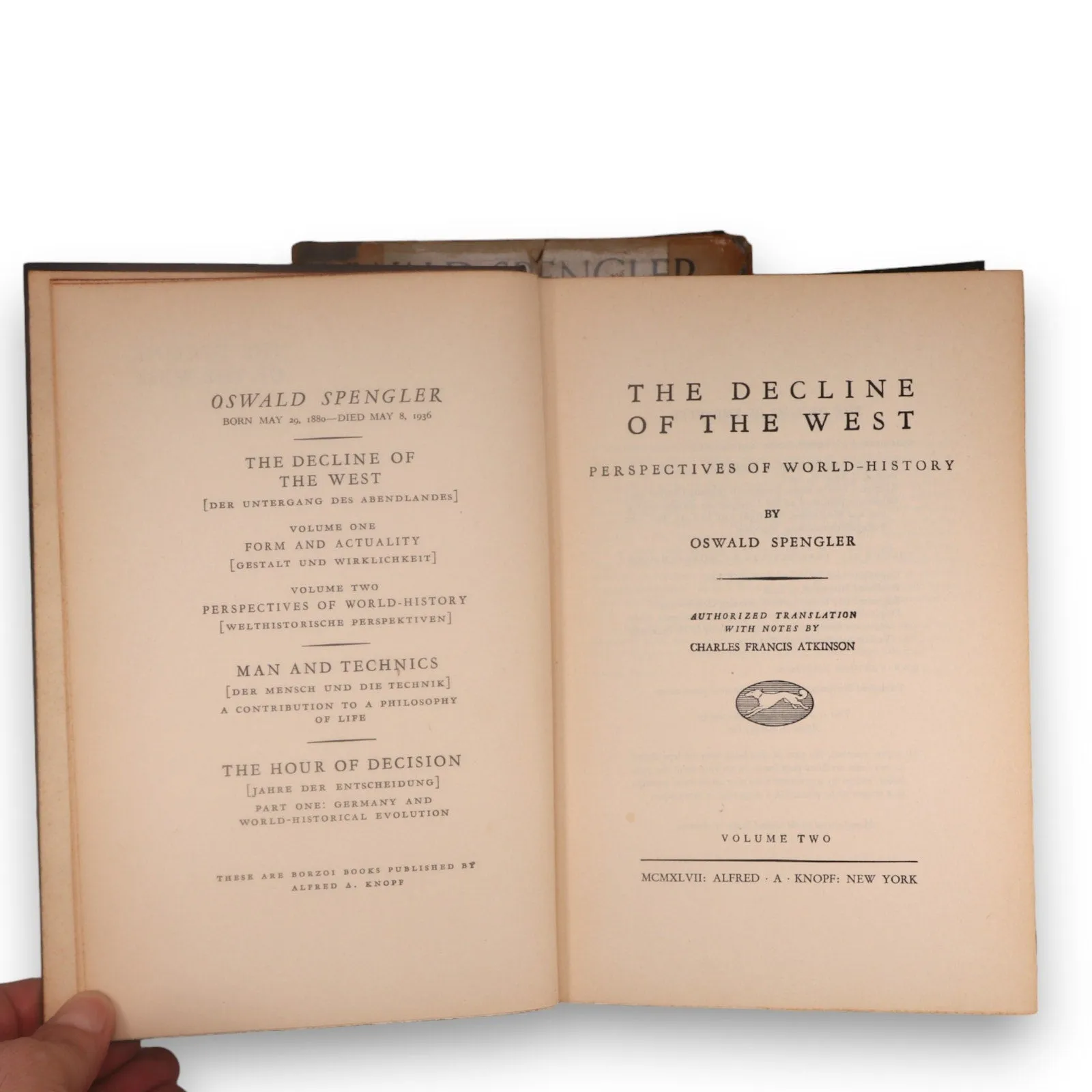 The Decline of the West 1950 Oswald Spengler 2 Vol Set Hardcover DJ Alfred Knopf