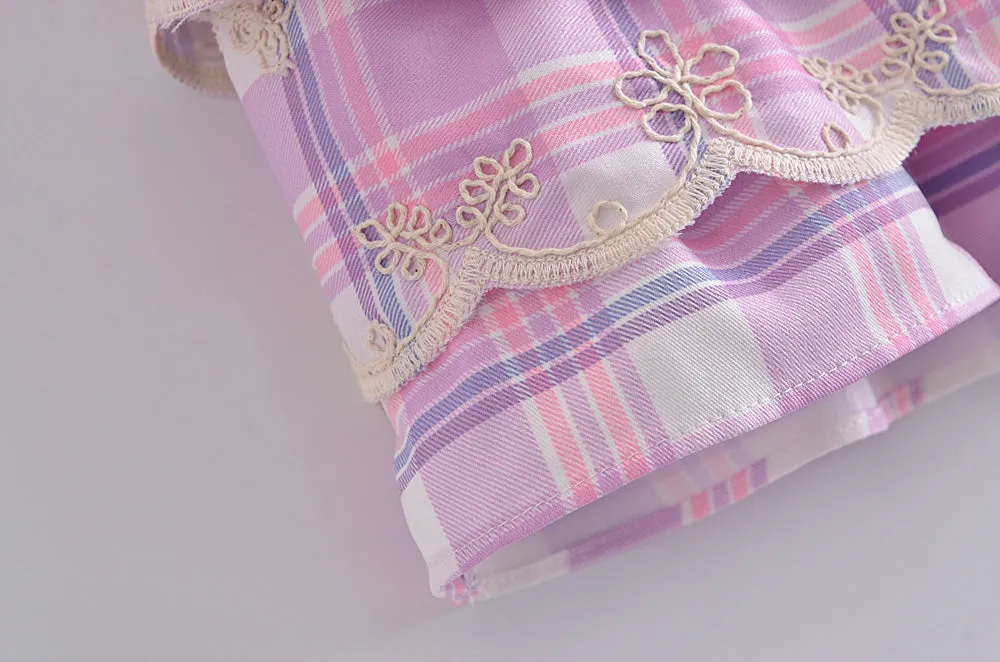 Women Clothing Spring Towel Embroidery Plaid Pleated Lotus Leaf Skirt